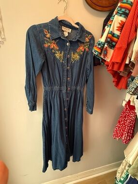 Denim Floral-Embroidered Maxi Shirt Dress - Blue